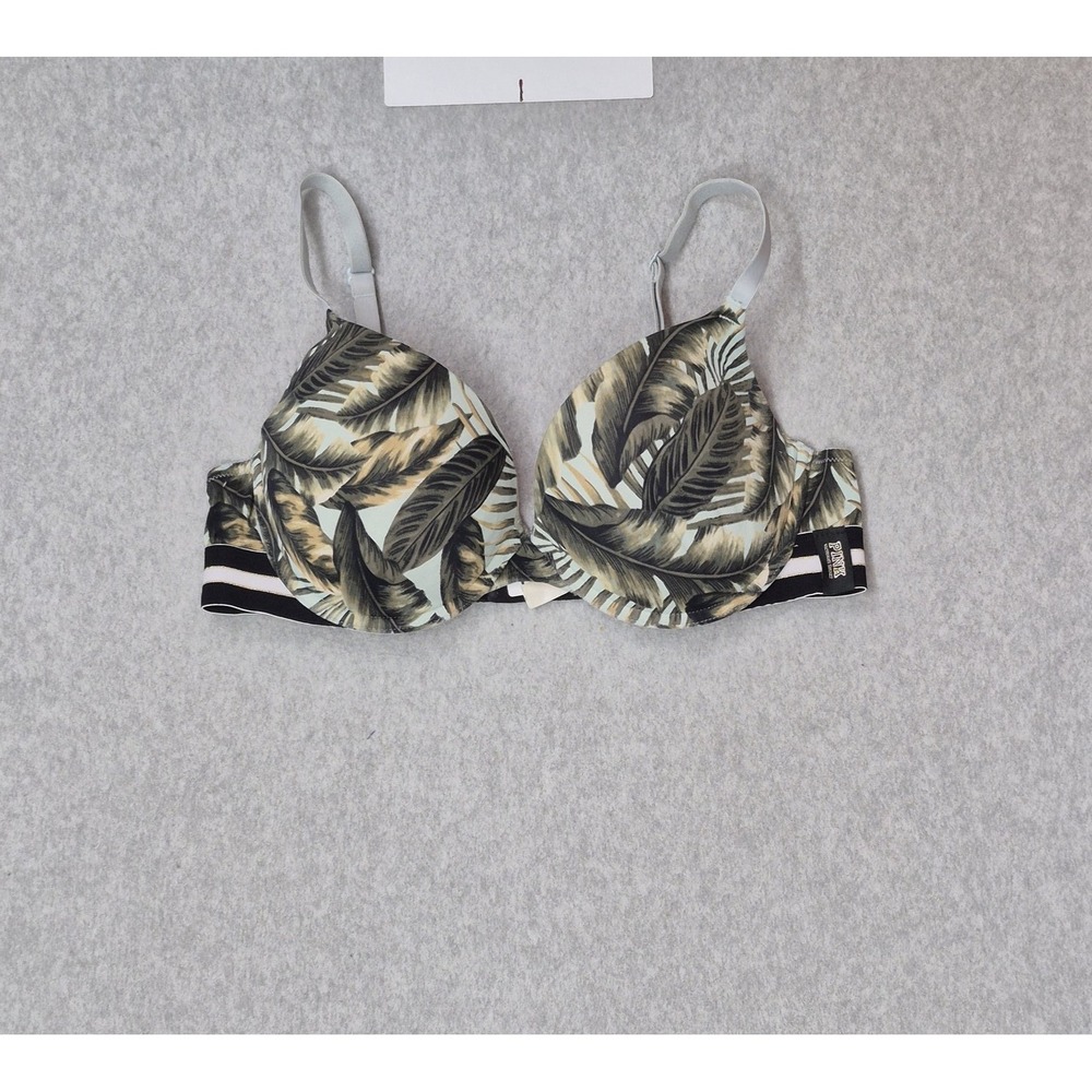 PINK Victoria's Secret Women Bra 34D Green Leaf Floral Push Up Underwire READ